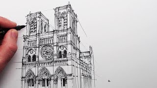 How to Draw Notre Dame Cathedral Buildings in Perspective [upl. by Cloots]