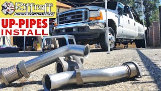 2001 F350 73  RiffRaff UpPipes Install  Stock up pipes leaking and falling apart JUNK SP [upl. by Blasien]