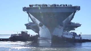 USS Gerald R Ford CVN 78 departs the shipyard [upl. by Quartis]